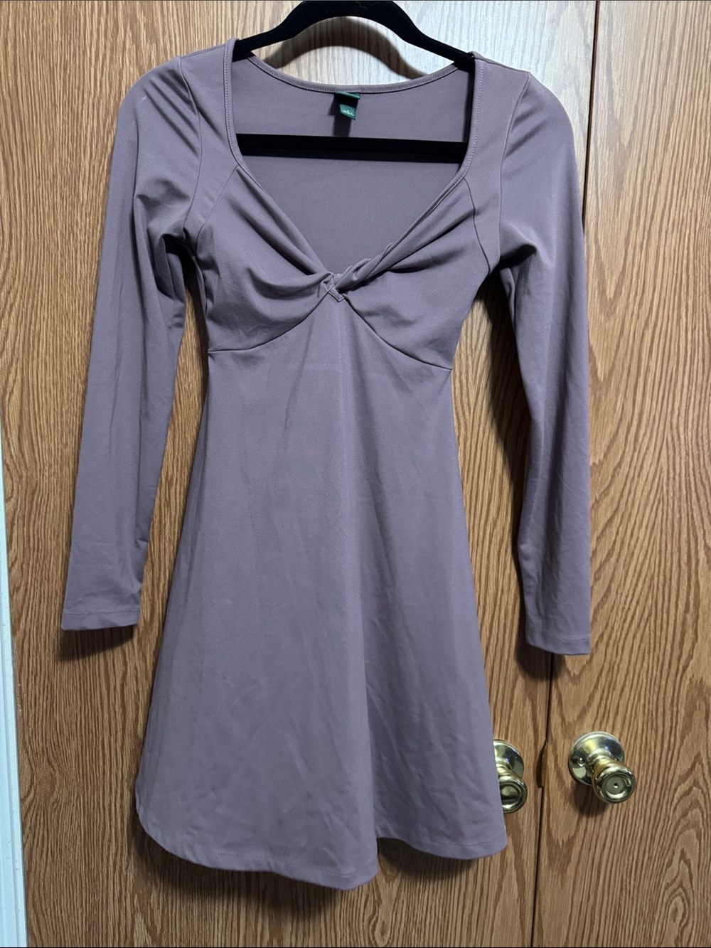 Mauve Long Sleeve Twist-Front A-Line Dress